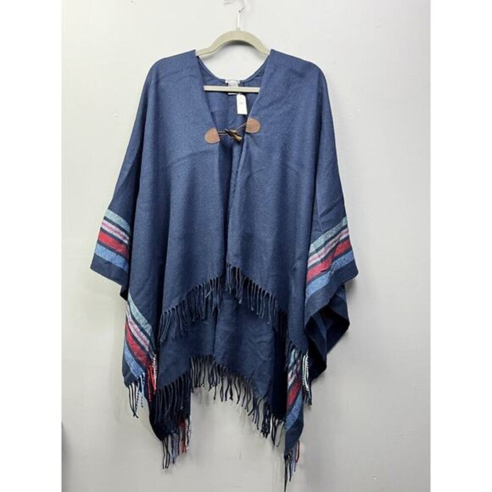 Aerie Poncho Cape Womens One Size Navy Plaid Trim Fringe‎ Hem Cozy Sweater NEW